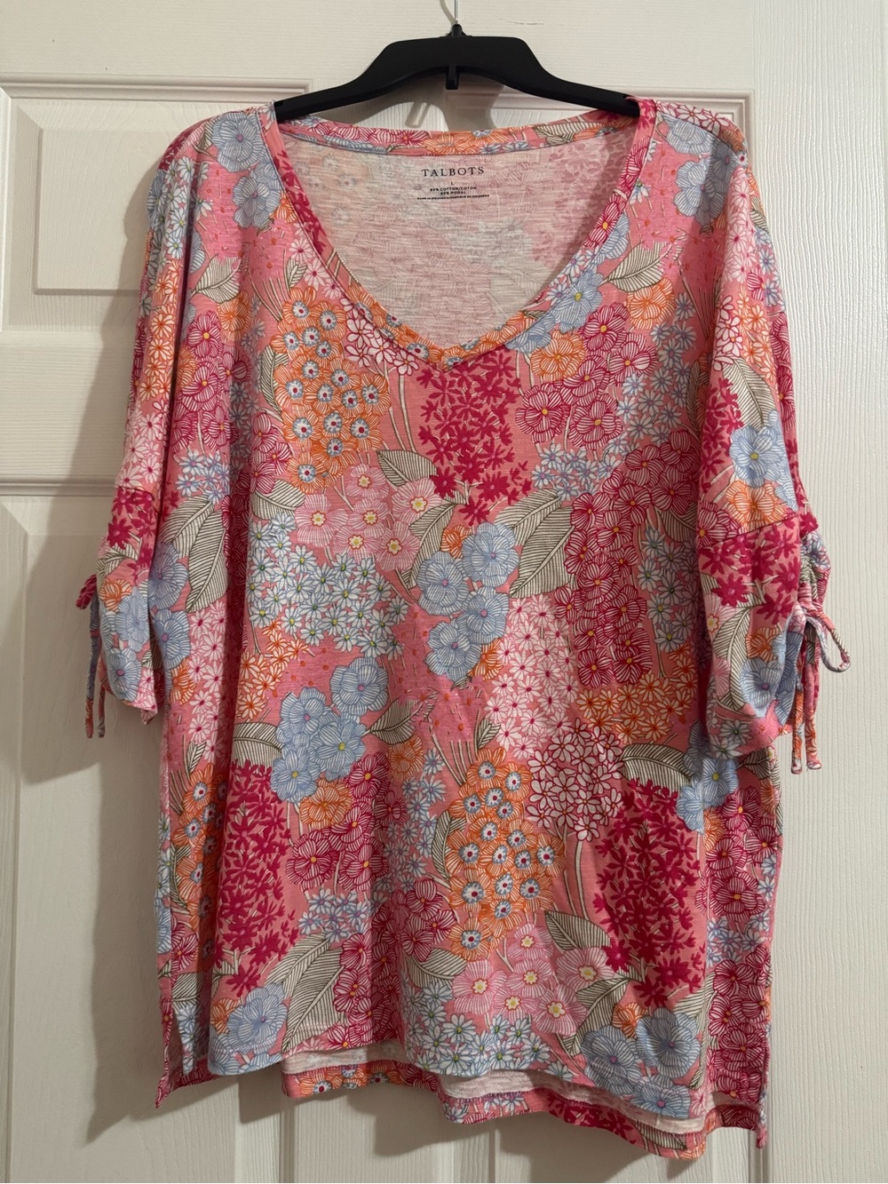 Talbots Pink Floral V-Neck Tunic with Tie Sleeves